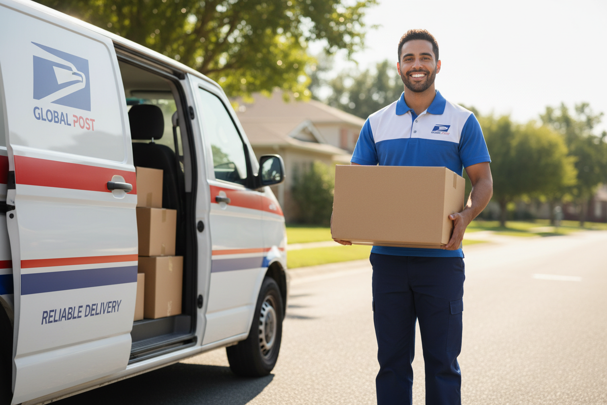 A man with a post office van smiling holding a box